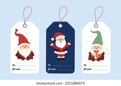 Etiquetas de regalo de Navidad con adorable Santa Claus y elfo alegre sobre fondo azul claro. Linda ilustración de vacaciones en Navidades concepto de ideas de embalaje de regalo de vacaciones. Para etiquetas de regalo, pegatinas navideñas.