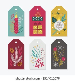 Christmas Gift Tags with gift, ball, bauble, fir branches, cone, flower, snow, snowflake in Red, Gold, Mint, Brown and White. Perfect for winter holidays and New Year greetings