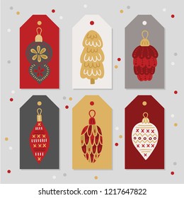 Christmas Gift Tags with bauble, fir tree, cone, ball in Red, Gold, Grey and White. Perfect for winter holidays and New Year greetings