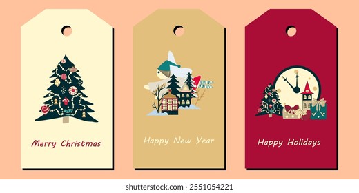Christmas gift tags, christmas card with christmas tree, angel, clock
