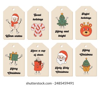 Christmas gift tags, collection of printable gift labels in retro groovy style. Set of holiday Christmas gift tags. Christmas and New Year gift tags for winter holidays. Printable Christmas labels.