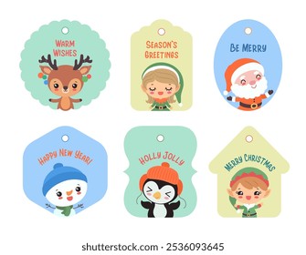 Christmas gift tags with cute cartoon characters. Winter labels season greetings and wishes - holly jolly, merry Christmas and Happy new year. Fun Xmas cut file, card, sticker. Santa, deer, penguin.