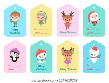 Etiquetas de regalo de Navidad con lindos personajes de dibujos animados Santa Claus, renos, pingüino. Etiquetas de regalo de invierno saludos de temporada texto de Navidades alegres. Divertido archivo de corte de Navidad para la tarjeta, pegatina, insignia.