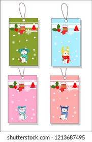 Christmas gift tags cute collection with cartoon dog, sock, snowflake Santa hat