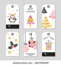 Christmas gift tags with cute Christmas trees and balls. Vector set of cards