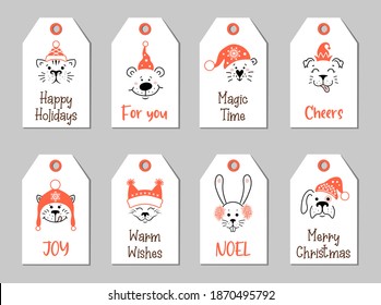 Christmas gift tags design with cute winter animal faces in hats and greeting lettering. Set of Christmas cards with characters and quotes. Series of holiday illustrations. New Year Label Templates.