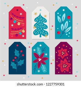 Christmas Gift Tags with garland, fir tree, berries, leaves, holly, poinsettia, stars in Red, Gold, Blue and White. Perfect for winter holidays and New Year greetings