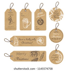 Christmas gift tags with hand drawing elements. Vector illustration sketch Holidays.