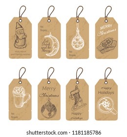 Christmas gift tags with hand drawing elements. Vector illustration sketch Holidays.