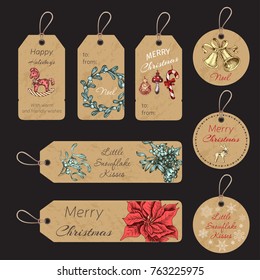 Christmas gift tags with hand drawing elements. Vector illustration sketch Holidays.