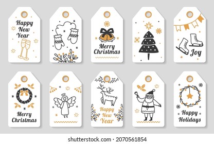 Christmas gift tags with hand drawn elements, cute xmas cards. Winter holiday labels with santa and dear, new year celebration tag vector set. Glasses with champagne, angel and wreath