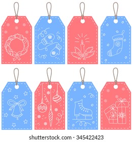 Christmas gift tags with hand drawn elements. Vector illustration. Christmas vector gift tags.Gift tags with contour christmas elements.Vintage christmas gift tags. Set of six christmas gift tags.