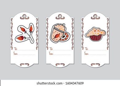 Christmas gift tags with hand-drawn Christmas symbols - gingerbread of rose hip, keks and cup. Vector illustration isolated on grey background.