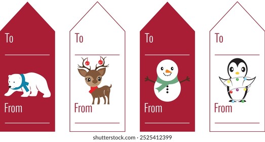 Christmas gift tags and label set .To and from design with cute Christmas characters Reindeer, snowman, polar bear and penguin. Christmas vector design for presents.