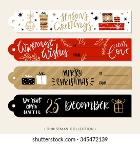 Christmas gift tags and labels with calligraphy. Handwritten modern brush lettering. Hand drawn design elements.