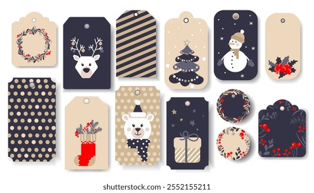 Christmas gift tags labels set. Kraft paper Xmas Holiday gift tags collection.Holiday Season Designs for Christmas and New Year labels,cards of different shapes beige.Holiday wishes and emblems.Vector