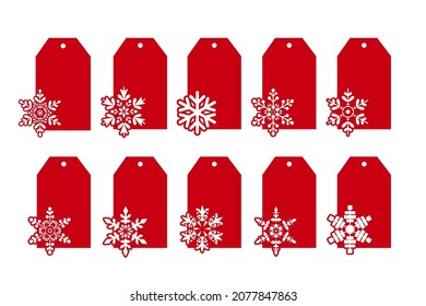 Christmas gift tags or gift labels with snowflakes. Vector decorative elements. Silhouettes of discount price tags for fall or winter sale. Tag stencils for plotter, paper cut or laser cutting