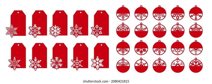 Christmas gift tags or gift labels with snowflakes. Vector decorative elements. Silhouettes of discount price tags for fall or winter sale. Tag stencils for plotter, paper cut or laser cutting