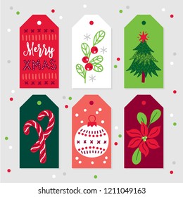 Christmas Gift Tags with letters, berry, fir tree, candy cane, ball and poinsettia in Red, Green and White. Perfect for winter holidays and New Year greetings