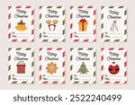 Christmas gift tags. Merry Christmas greeting, tags collection for gift packaging with characters in trendy modern style. Christmas tree, Santa, Gingerbread cookie, candy cane winter holiday elements.
