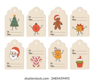 Christmas gift tags. Merry Christmas greeting, tags collection for gift packaging with characters in retro groovy style. Christmas tree, Santa, Gingerbread cookie, candy cane winter holiday elements.