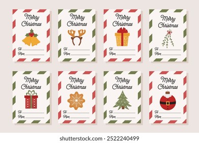 Christmas gift tags. Merry Christmas greeting, tags collection for gift packaging with characters in trendy modern style. Christmas tree, Santa, Gingerbread cookie, candy cane winter holiday elements.