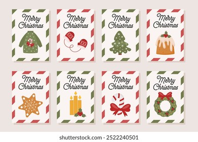 Christmas gift tags. Merry Christmas greeting, tags collection for gift packaging with characters in trendy modern style. Christmas tree, Santa, Gingerbread cookie, candy cane winter holiday elements.