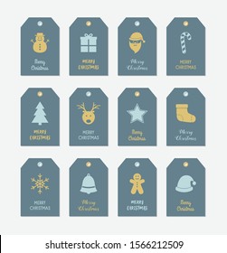 Christmas gift tags with minimalist icons and greetings. Xmas decorations. Vector