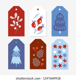 Christmas Gift Tags with mistletoe, briar, fir tree, berry, cone, stars in Red, Blue and White. Perfect for winter holidays and New Year greetings