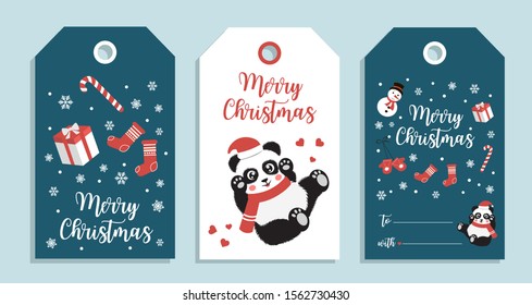 christmas gift tags with panda, candy, snowflakes, snowman, mittens and socks. Vector illustration
