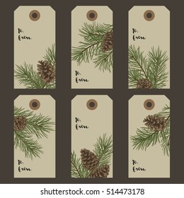 Christmas gift tags with pine branches and cones. Vector illustration in vintage style. Kraft.