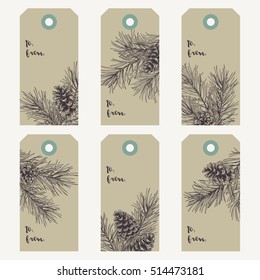 Christmas gift tags with pine branches and cones. Vector illustration in vintage style.Kraft. Engraving.