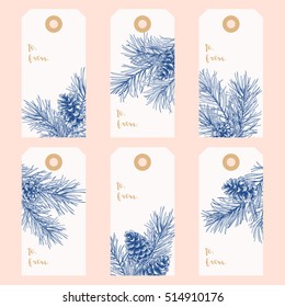 Christmas gift tags with pine branches and cones. Vector illustration in vintage style. Blue. Engraving.