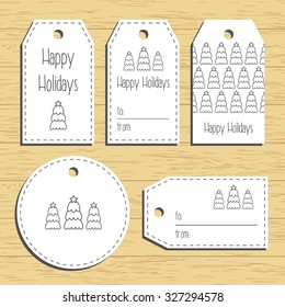 Christmas gift tags. Ready to use. Christmas greeting. Wooden background. Vector illustration