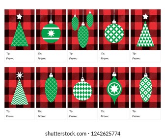 Christmas Gift Tags in Red Buffalo Check Plaid with Green Christmas Trees & Retro Style Tree Ornaments. Printable TO / FROM Xmas Gift Labels 2"x3.5". Template Letter Size 8.5"x11" / A4 Paper Sheet.