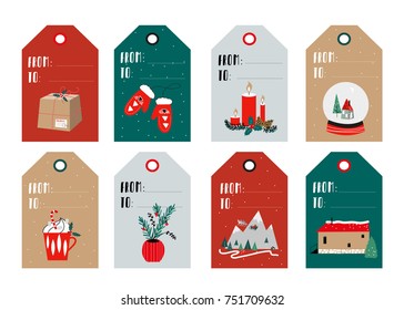 Christmas gift tags. Scandinavian style. Vector season's labels design. Greeting cards