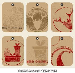 Christmas gift tags set. Art Hand Drawn textures for winter holidays. 