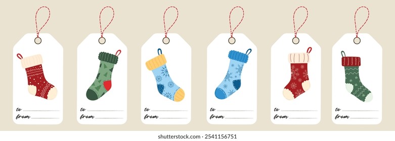 Christmas gift tags set with cozy stockings in classic red, green, and blue colors. Traditional vector symbols of family Christmas holiday. For holiday packaging, seasonal stickers, labels.