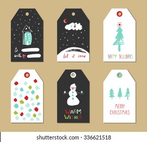 Christmas gift tags set. Creative Hand Drawn textures for winter holidays. Bright colors. Vector illustration.