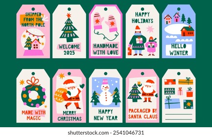 Christmas gift tags set with cute elements. Christmas labels vector templates. Holiday graphic for gift packaging