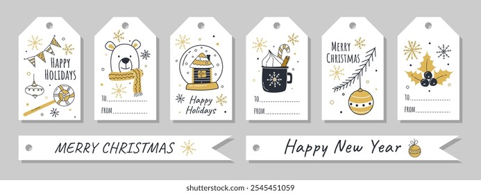 Christmas gift tags set. Hand drawn cute Christmas symbols. Labels with bear, holly, cup coffee, Christmas ornament in doodle style. Winter holiday cute greeting cards collection