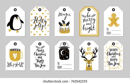 Christmas gift tags set, hand drawn style. Vector illustration.