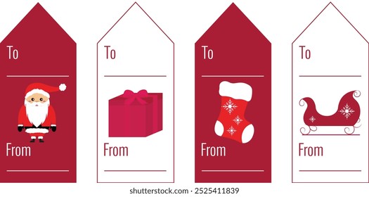 Christmas gift tags set. Labels with Santa, Christmas stocking, present and sled. To and From Christmas vector design for presents.