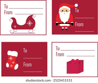 Christmas gift tags set. Labels with Santa, Christmas stocking, present and sled. To and From sticker Christmas vector design for presents.