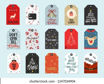 Christmas gift tags set. Vector illustration. Creative Hand Drawn textures for winter holidays.