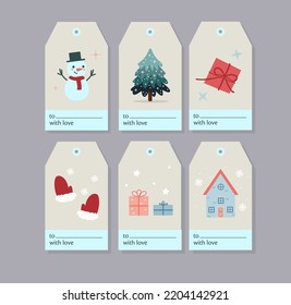 Christmas gift tags set. Vector illustration. Creative textures for winter holidays. Tree. Mittens. Snowflake. Gift.