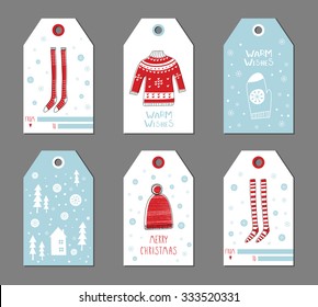 Christmas gift tags set. Vector illustration. Creative Hand Drawn textures for winter holidays.