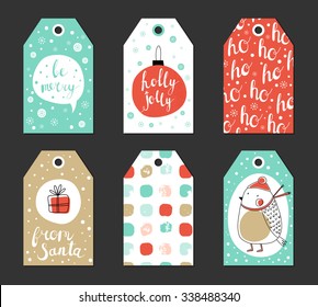 Christmas gift tags set. Vector illustration. Creative Hand Drawn textures for winter holidays. Pink and turquoise. For greetings, congratulations, invitations.