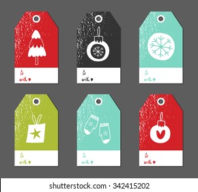 Christmas gift tags set. Vector illustration. Creative Hand Drawn textures for winter holidays. Bright colors. Tree. Mittens. Snowflake. Gift. 