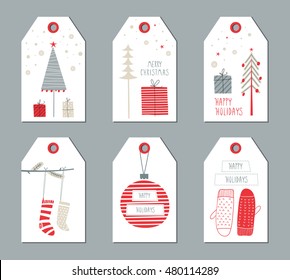 Christmas gift tags set. Vector illustration. Creative Hand Drawn textures for winter holidays. 